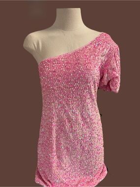 Sequin One-Shoulder Pink Party Dress
